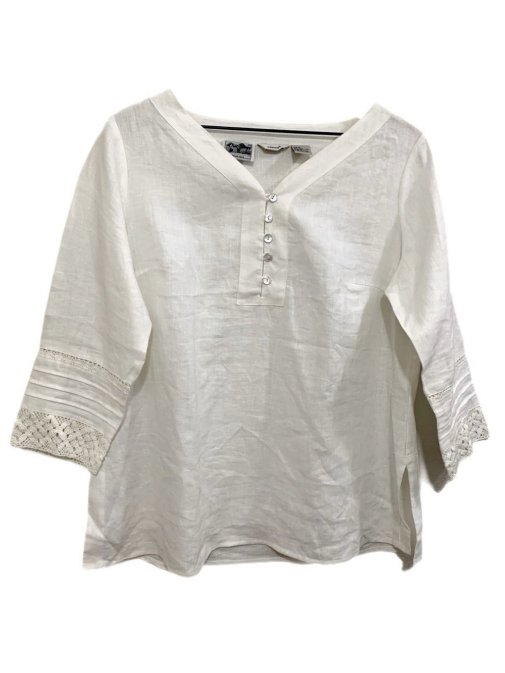 EDWARD 100% Irish Linen Top Blouse Crochet  3/4 Sleeves V-Neck White M.